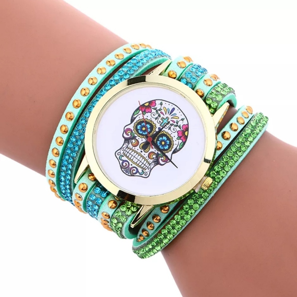 Sugar skull leather bracelet watch
